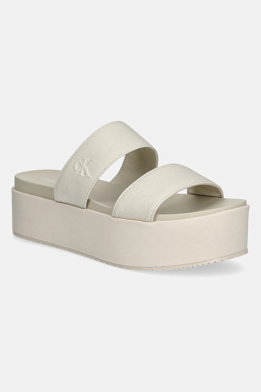 Šľapky Calvin Klein Jeans FLATFORM SANDAL WEBBING IN dámske, béžová farba, na platforme, YW0YW01789.
