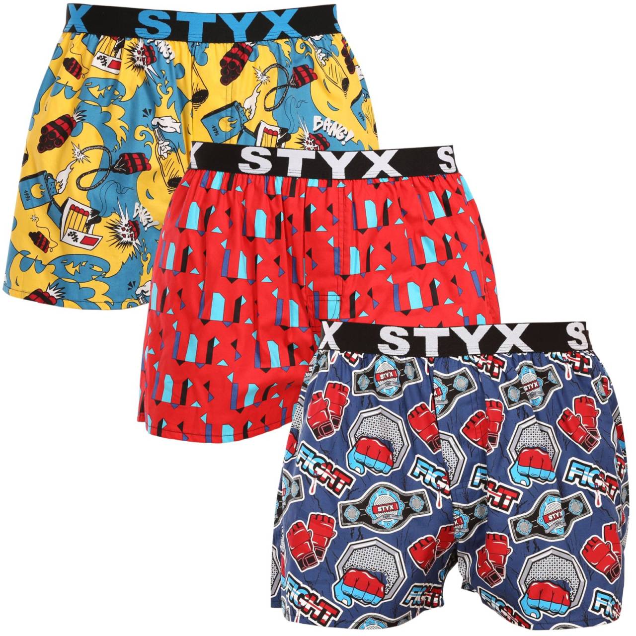3PACK Herenboxershort Styx art sport rubber veelkleurig (3B15690) M.
Op zoek naar shorts die comfort, originaliteit en vakmanschap combineren?
Kwaliteitsmateriaal voor maximaal comfort
Styx shorts zijn gemaakt van 100% katoen, wat betekent dat ze ademend, licht en comfortabel aanvoelen.
Stijlvolle look en functionele snit
Dankzij de lossere snit geeft de short je maximale bewegingsvrijheid, die je niet alleen overdag, maar ook tijdens het sporten zult waarderen.
Waarom hou je van Styx shorts?

100% katoen voor veel comfort: Ademend en comfortabel materiaal.
Tsjechische kwaliteit: De shorts worden volledig gemaakt in Tsjechië.
Losse pasvorm voor maximaal comfort: Ideaal voor dagelijks gebruik en ontspanning.
Stijlvolle ontwerpen: Geen saaie lade, maar een goede dosis originaliteit en stijl.

Het Tsjechische merk Styx biedt plezier en topkwaliteit
Styx ondergoed zal vooral populair zijn bij mensen voor wie individualiteit belangrijk is.
Hoe zorg je voor ze?
Om ervoor te zorgen dat je shorts zo lang als nieuw meegaan, raden we je aan deze richtlijnen te volgen.

Wasgoed: Machinewas op 30 °C om de zachtheid van het katoen te behouden.
Droger: Het is niet aan te raden om de shorts in de droger te drogen, laat ze liever vrij aan de lucht drogen.
Strijken: Je kunt de shorts op middelhoog vuur strijken om schade aan het materiaal te voorkomen.

Tip: Word een expert in lingerieonderhoud met het advies in ons artikel en geef je favoriete lingerie de zorg die ze verdient.