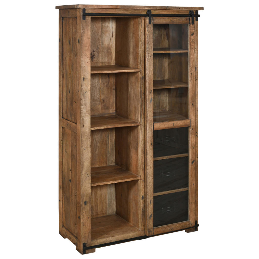 MID.YOU VITRÍNA, mangové drevo, antracitová, prírodná farba, 100/175/45 cm.