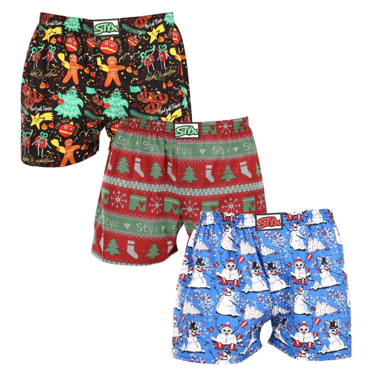 3PACK pánske trenky Styx art klasická guma viacfarebné (3A16814) L, trenírky.
Doprajte si štýl a pohodlie s pánskymi šortkami Styx v pestrých farbách a originálnom dizajne.
Mäkký materiál pre celodenné pohodlie
Šortky Styx sú vyrobené zo 100 % bavlny, ktorá ponúka mäkkosť a priedušnosť aj pri celodennom nosení.
Originálny dizajn a pohodlné nosenie
Šortky Styx vnesú do vášho šatníka hravosť a jedinečný štýl vďaka odvážnym farbám a originálnym potlačiam.
Prečo si zaobstarať šortky Styx?

Vyrobené v Českej republike s dôrazom na kvalitu a precíznosť.


Materiál zo 100 % bavlny pre mäkkosť a pohodlie.


Originálne a zábavné vzory, ktoré vás odlíšia.

Kvalita z Českej republiky, to je spodná bielizeň Styx
Spodná bielizeň Styx sa kompletne vyrába v Českej republike.
Ako sa starať o šortky Styx
Ak chcete zachovať kvalitu a pohodlie svojich šortiek, postupujte podľa týchto pokynov:

Pranie: Perte pri maximálnej teplote 30 °C, aby ste zachovali intenzívne farby a mäkkosť bavlny.


Sušenie: Neodporúčame sušenie v bubnovej sušičke, radšej ich nechajte voľne uschnúť na vzduchu.


Žehlenie: Šortky môžete žehliť pri nízkej teplote, aby mali hladký vzhľad.

Tip: Staňte sa expertom na údržbu spodnej bielizne vďaka tipom v našom článku a doprajte svojim obľúbeným kúskom starostlivosť, akú si zaslúžia.