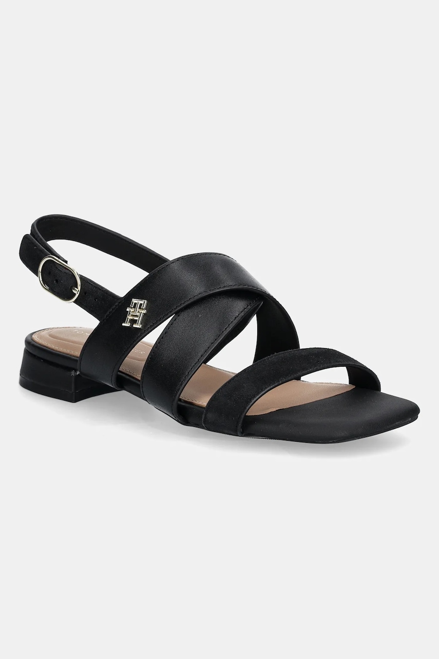 Kožené sandále Tommy Hilfiger LEATHER & SUEDE FLAT SANDAL dámske, čierna farba, FW0FW08507.