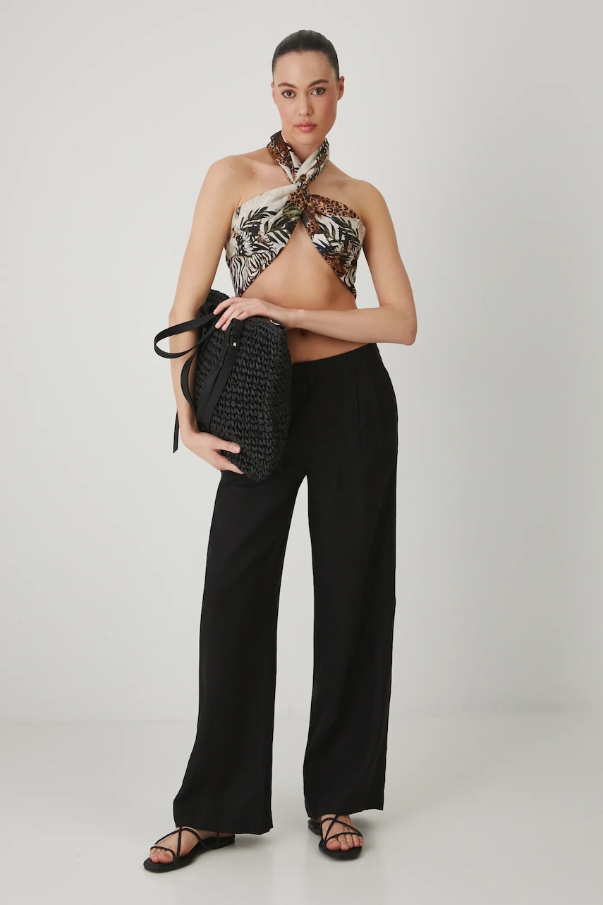 Ľanové nohavice Medicine čierna farba, široké, stredne vysoký pás.