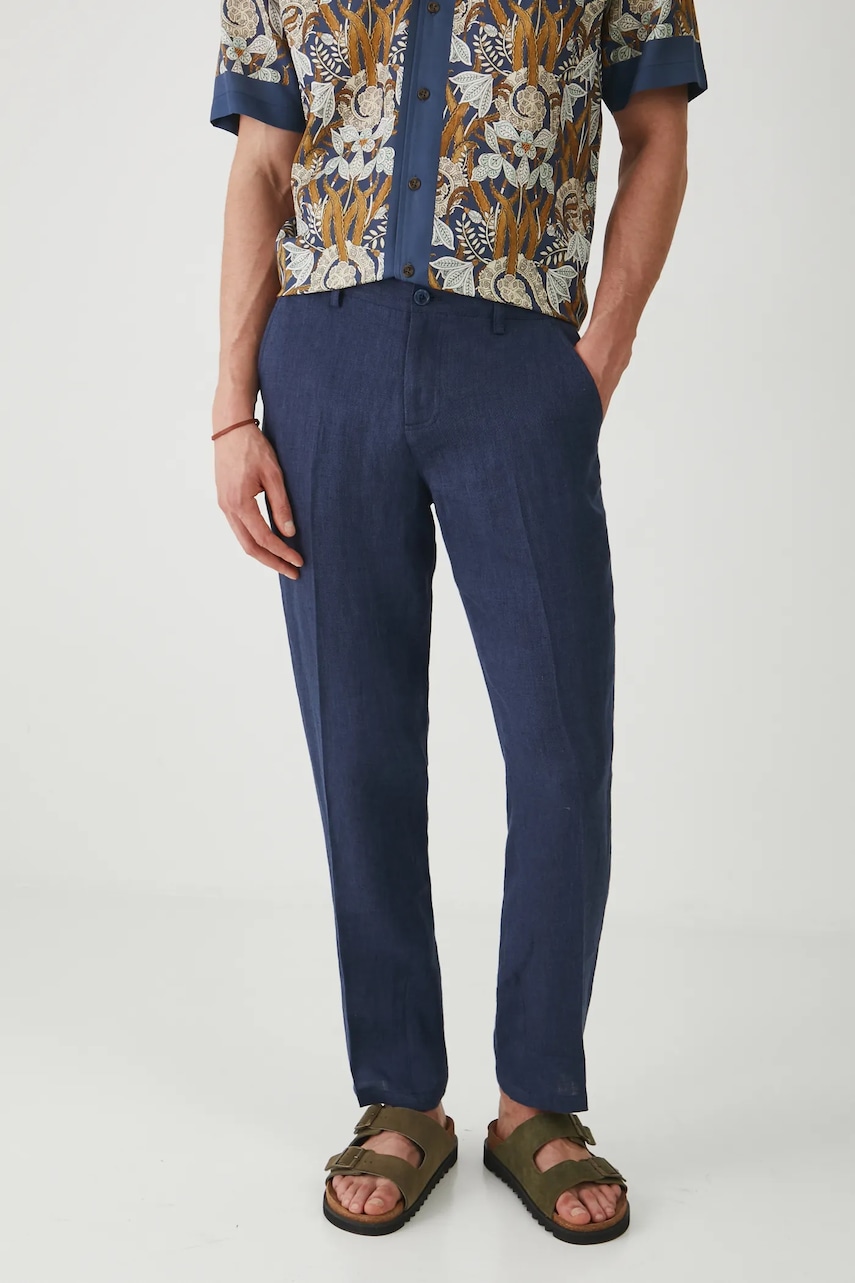 Ľanové nohavice Medicine pánske, tmavomodrá farba, rovné.