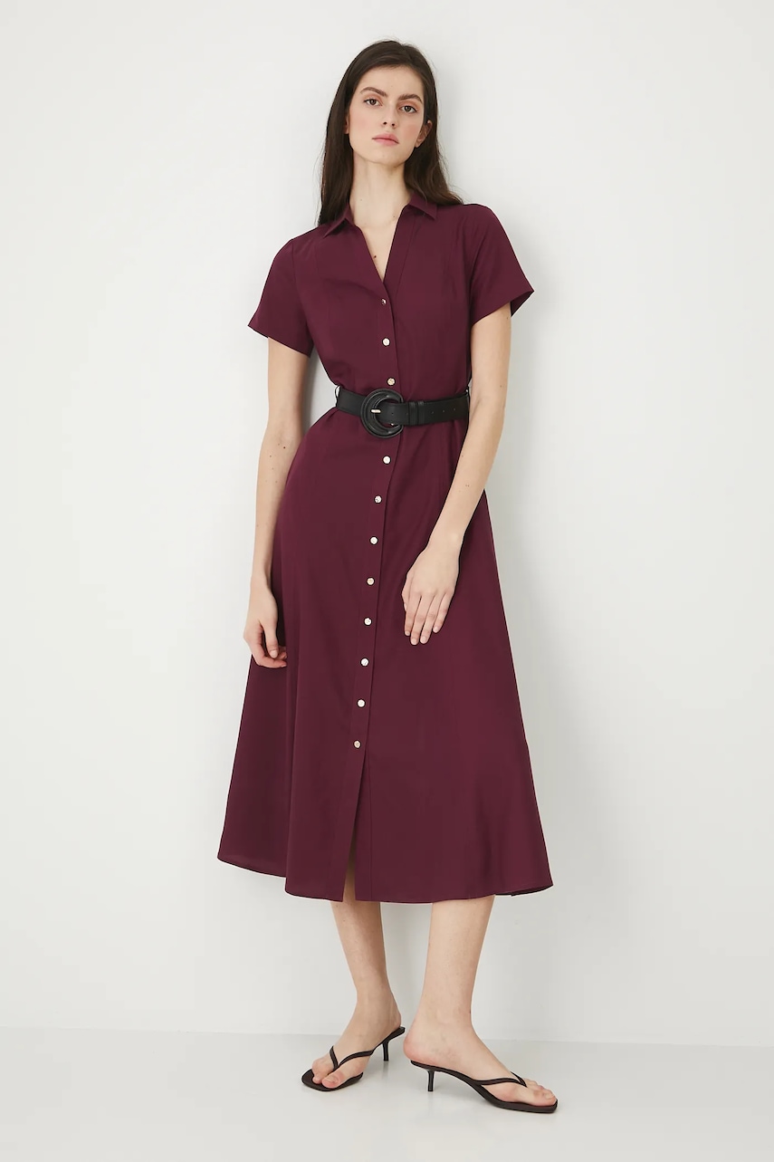 Šaty s prímesou ľanu Medicine bordová farba, midi, áčkový strih.