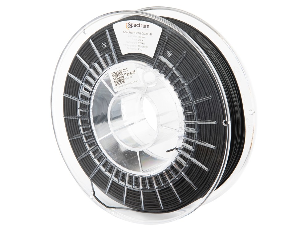 Spectrum 80541 3D filament, PA6 CS20 FR V0, 1,75mm, 750g, BLACK.
Vlastnosti materiálu

bezprecedentne nízke zmrštenie pri spracovaní (lineárne)