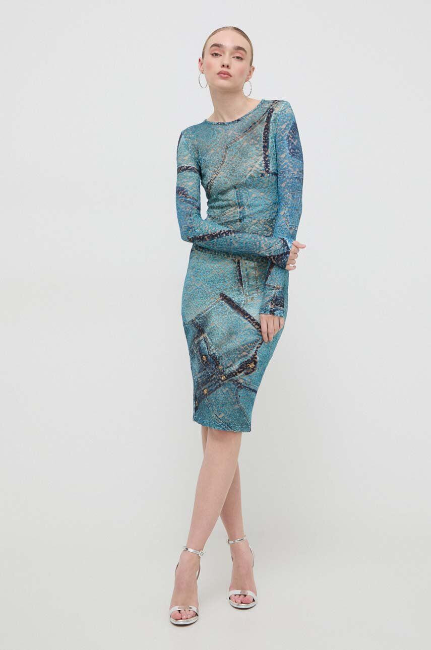Šaty Versace Jeans Couture tyrkysová farba, midi, priliehavá, 76HAO938 JS279.