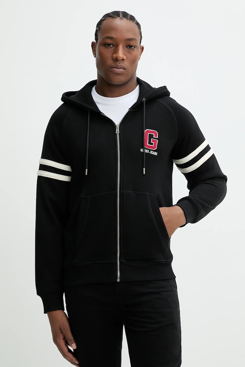 Bavlnená mikina Guess Jeans pánska, čierna farba, s kapucňou, s nášivkou, M5GQ26 KCPR1.