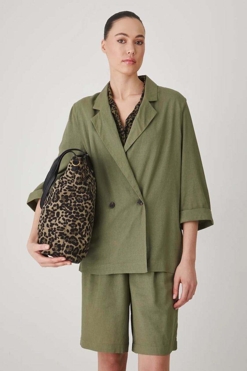 Kimono s prímesou ľanu Medicine dámske, zelená farba, dvojradová, jednofarebná.