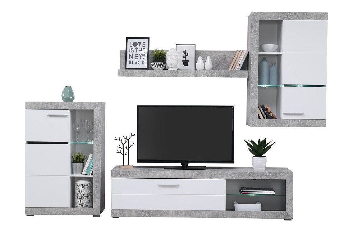 Obývacia stena s osvetlením jonah - biela/betón.

 

Televízny stolík sa skladá z výklopných dvierok a otvoreného priestoru s presklenou policou.

 

Stena je vyrobená z kvalitného lamina hrúbky 16mm, ktoré poteší nenáročnou údržbou a odolnosťou proti poškodeniu a vlhkosti.

 

Obývaciu stenu Jonah v inom farebnom prevedení nájdete nižšie v súvisiacich produktoch.