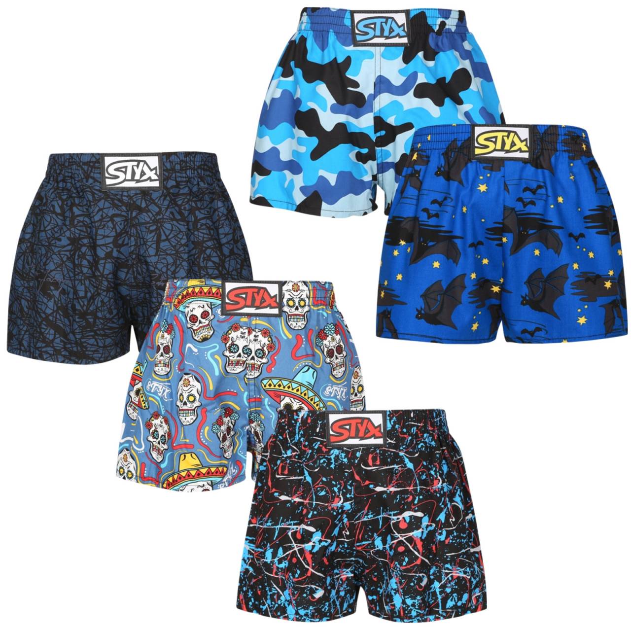5PACK Boxershorts für Kinder Styx art klassischer Gummizug mehrfarbig (5J1790146) 4–5 Jahre.
Suchen Sie bequeme und hochwertige Unterwäsche für Ihr Kind?
Hochwertiges Material für angenehmen Tragekomfort
Diese Shorts bestehen aus 100% Baumwolle, die weich, leicht und natürlich atmungsaktiv ist.
Bequeme Passform und stilvolles Design
Das stilvolle Design mit originellen Mustern verwandelt die Garderobe Ihres Kindes in einen großen Spaß.
Warum werden sie von Kindern garantiert geliebt?

100% Baumwolle: Weich, atmungsaktiv und angenehm auf der Haut.
Klassischer elastischer Bund: Es drückt nicht und passt gut.
Universelle lockere Passform: Ideal für Kinder in der Freizeit, in der Schule und zum Schlafen.
Lustiges Design: Originelle Drucke und leuchtende Farben heben immer die Stimmung.
Hergestellt in der Tschechischen Republik: Hochwertige tschechische Verarbeitung.

Styx-Unterwäsche ist eine der beliebtesten
Die tschechische Marke Styx ist bei den Kunden vor allem für ihre Shorts mit neuartigen Mustern in kräftigen Farben bekannt.
Wie pflege ich die Styx-Shorts?

Waschen: Empfohlen bei 30 °C, um die Weichheit und Qualität des Stoffes zu erhalten.
Trocknen: Nicht für den Wäschetrockner geeignet, Lufttrocknung ist vorzuziehen.
Bügeln: Ja, bei einer niedrigeren Temperatur (wir empfehlen, von innen nach außen zu bügeln).

Tip: Es kann schwierig sein, die richtige Unterwäsche zu finden, die perfekt sitzt.