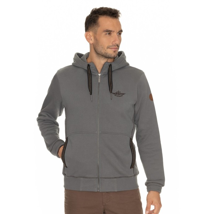 Bushman sweatshirt Gilroy Pro antracit L.
 The ends of the sleeves and the bottom hem of the sweatshirt are finished with a ribbed knit, and you can also find the same in the hip area, where it gives the sweatshirt flexibility, so it playfully adapts to the figure and does not restrict your movement in any way.
 The GILROY sweatshirt is fastened with a high-quality and durable YKK zipper with a silver finish, is decorated with a BUSHMAN aviation embroidery on the chest, and you'll look good in it, wherever you go.
  
 Specification:
 
 	80% cotton
 	20% polyester
 	390 g/m2
 	Filler knitted fabric (French terry)
 	YKK zipper