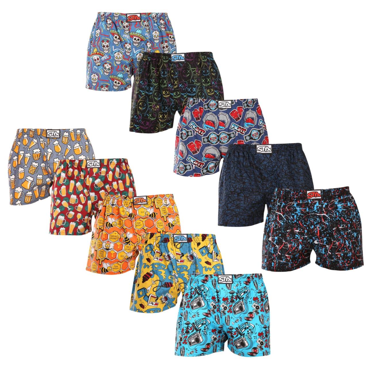 10PACK pánske trenky Styx art klasická guma viacfarebné (10A137684013456) L, trenírky.
Doprajte si štýl a pohodlie s pánskymi šortkami Styx v pestrých farbách a originálnom dizajne.
Mäkký materiál pre celodenné pohodlie
Šortky Styx sú vyrobené zo 100 % bavlny, ktorá ponúka mäkkosť a priedušnosť aj pri celodennom nosení.
Originálny dizajn a pohodlné nosenie
Šortky Styx vnesú do vášho šatníka hravosť a jedinečný štýl vďaka odvážnym farbám a originálnym potlačiam.
Prečo si zaobstarať šortky Styx?

Vyrobené v Českej republike s dôrazom na kvalitu a precíznosť.


Materiál zo 100 % bavlny pre mäkkosť a pohodlie.


Originálne a zábavné vzory, ktoré vás odlíšia.

Kvalita z Českej republiky, to je spodná bielizeň Styx
Spodná bielizeň Styx sa kompletne vyrába v Českej republike.
Ako sa starať o šortky Styx
Ak chcete zachovať kvalitu a pohodlie svojich šortiek, postupujte podľa týchto pokynov:

Pranie: Perte pri maximálnej teplote 30 °C, aby ste zachovali intenzívne farby a mäkkosť bavlny.


Sušenie: Neodporúčame sušenie v bubnovej sušičke, radšej ich nechajte voľne uschnúť na vzduchu.


Žehlenie: Šortky môžete žehliť pri nízkej teplote, aby mali hladký vzhľad.

Tip: Staňte sa expertom na údržbu spodnej bielizne vďaka tipom v našom článku a doprajte svojim obľúbeným kúskom starostlivosť, akú si zaslúžia.