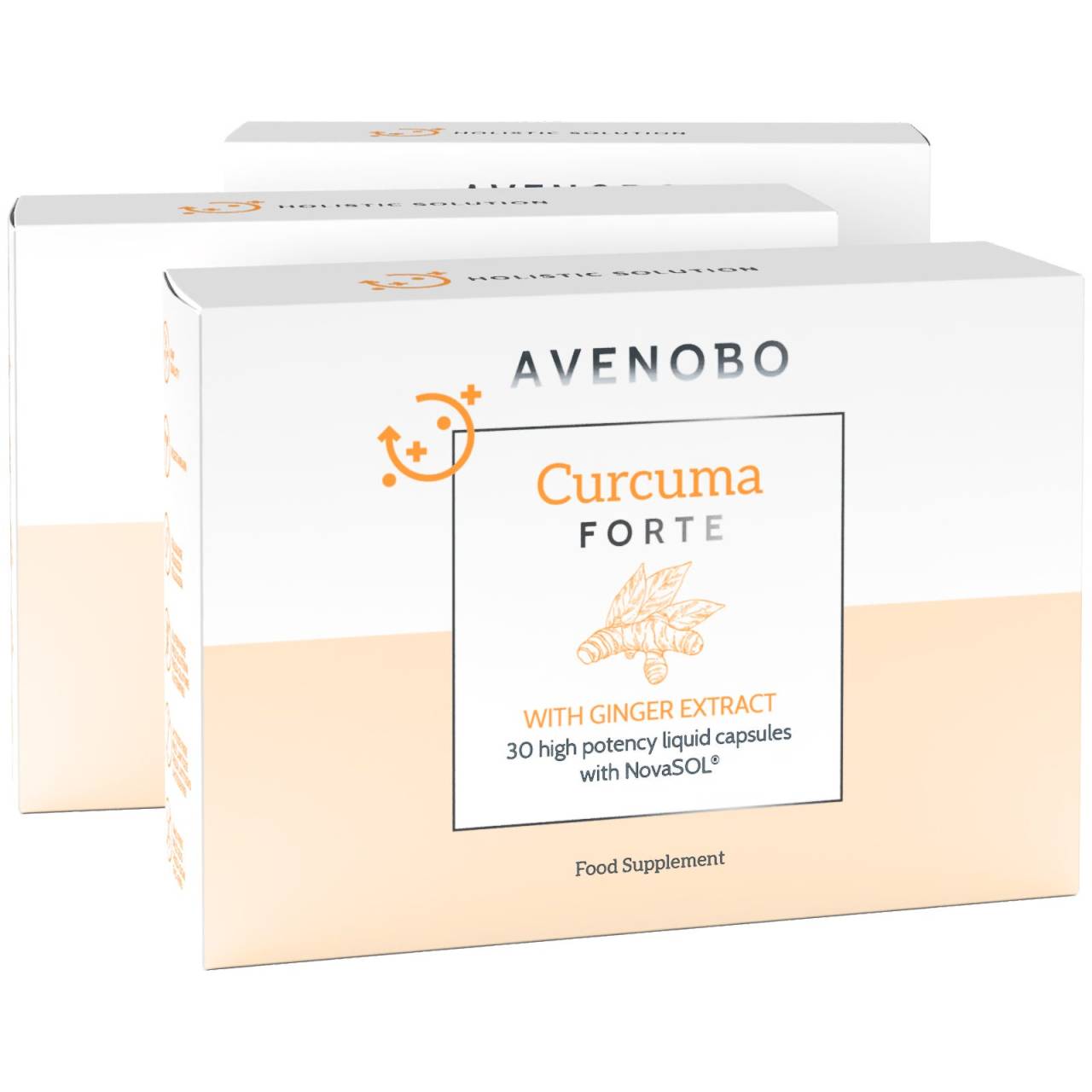 Avenobo Curcuma Forte 3er Pack (90 Kapseln) - Kurkuma Kapseln mit flüssigen Mizellen-Curcumin NovaSOL®, Ingwer-Extrakt und Vitamin D3 | Sensilab.