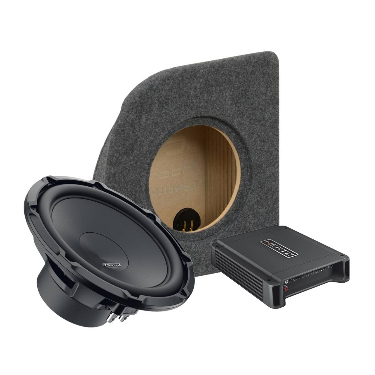 Set subwoofera v OEM ozvučnici a zosilňovače do Škoda Octavia III č.2.