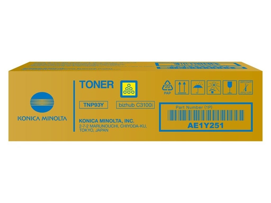 Konica Minolta TNP93Y AE1Y251 žltý (yellow) originálny toner.
Originálny toner = záruka priamo od výrobcu tlačiarne
100 % použitie v tlačiarni - bezproblémové fungovanie s vašou tlačiarňou
Použitím originálnej náplne predlžujete životnosť tlačiarne
Osvedčená špičková kvalita - vysoko kvalitná a spoľahlivá tlač originálnou tlačovou kazetou od prvej do poslednej stránky
Trvalé a profesionálne výsledky tlače - dlhodobá udržateľnosť tlače
Kratšia prodleva pri tlači stránok
Garancia Vašej spokojnosti s použitím našej originálnej náplne
Zabezpečujeme bezplatnú recykláciu originálnych náplní
Zlyhanie náplne v menej ako 1% prípadov
Jednoduchá a rýchla výmena náplne

Kód výrobcu: AE1Y251