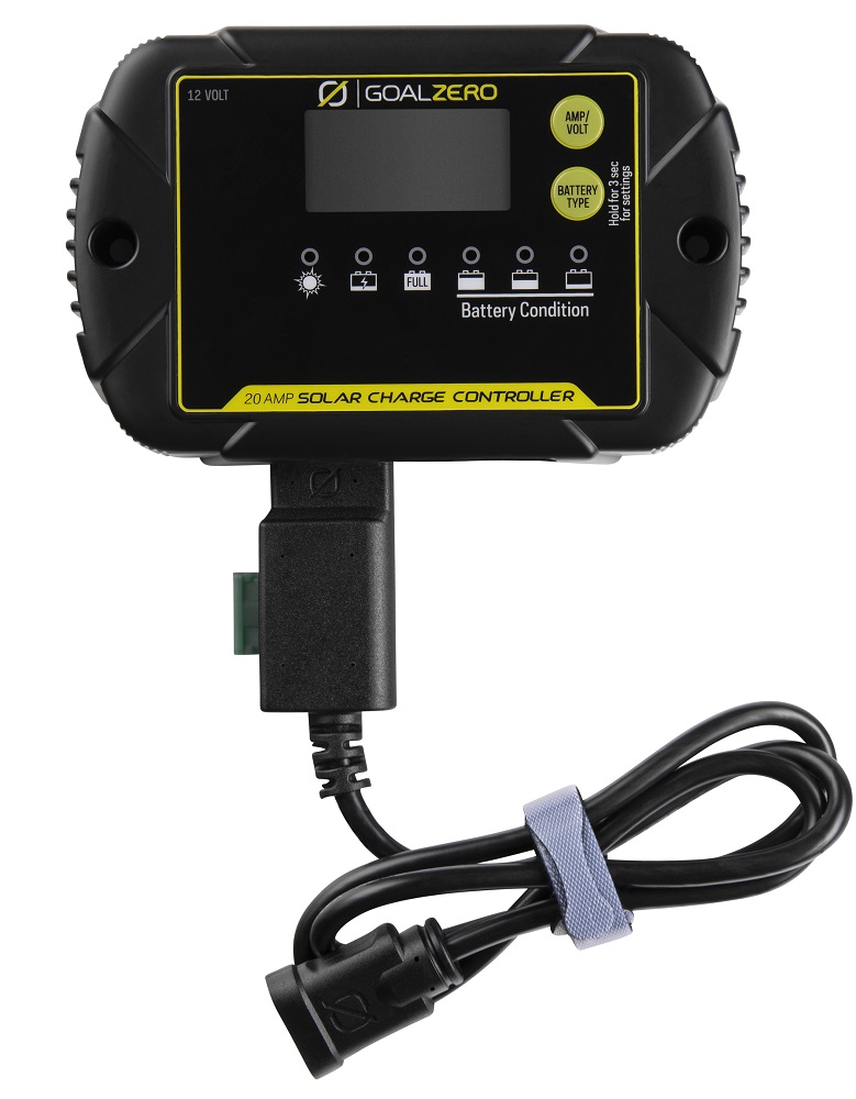 Goal zero menič k solárnemu panelu 20a charge controller.
 Funguje s olovenými, gélovými, Kalciovými, LiFePO4, AGM a LTO 12V batériami.
 Príklad zapojenia: Solárny panel Boulder 200 Kufor --> 20A Charge Controller --> kábel SPADE to SAE --> adaptér SAE TO RING TERMINAL --> Váš akumulátor.
 Parametre: •rozmery: 15,5 x 9,91 x 2,6 cm •hmotnosť: 499 g •certifikát odolnosti: IP65 •prevádzková teplota: -25 až 50 °C 
 Elektrické parametre: •Menovitý prúd solárneho panelu Goal zero: 20 A •Normálne vstupné napätie poľa solárnych článkov: 15-22 V •Max.
 Nabíjacia charakteristika: 
 Počiatočné napätie pri 25 °C: 3-10 V Nabíjacie napätie pri 25 °C: •LTO akumulátor - 14,0 V • Gélový akumulátor - 14,1 V •LiFePO4 akumulátor - 14,4 V • AGM akumulátor - 14,4 V •Olovený akumulátor - 14,7 V •Kalciový akumulátor -14,9 V 
 Vyrovnávacie napätie pri 25 °C •olovený alebo kalciový akumulátor - 15,5 V 
 Plávajúce napätie pri 25 °C: •Gélový, AGM, olovený, kalciový akumulátor - 13,6 V •LTO a LiFePO4 - 13,4 V 
 Kompenzačný súčiniteľ teploty akumulátora: -24 mV/°C 
 Ochrana: •Proti prepólovaniu alebo skratovaniu.