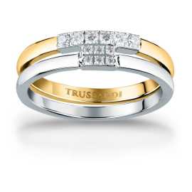 Trussardi Krásny bicolor prsteň z ocele so zirkónmi T-Logo TJAXC41 58 mm.