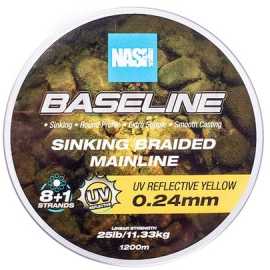 Nash splietaná šnúra baseline sinking braid uv yellow 1200 m - 0,24 mm 11,33 kg.
 Baseline UV Yellow ponúka novú technológiu v segmente splietaných šnúr, kedy obsahuje vlákna odrážajúce ultrafialové svetlo – umožňuje ich viditeľnosť vo dne aj v noci, keď na ňu dopadne ultrafialový lúč čelovky Powerbanx UV Headtorch.
 Pre rybárov, ktorí radi lovia z lode alebo zaviažu svoje montáže, je to obrovská výhoda.
 K dispozícii sú na cievkach po 600 m a 1200 m.