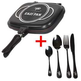 Giants fishing akčný set panvica na varenie eazi pan large + sada nerezových príborov.
 Špecifikácia: • priemer 32 cm (rozmery bez rukoväte): 32 x 25 x 6,6 cm • priemer 32 cm (rozmery s rukoväťou): 46 x 32 x 6,6 cm 
 • použitý materiál: Non-Stick PTFE materiál známy ako Teflon • magnetický klip pre bezpečnosť prenášania a otočenia • ergonomická rukoväť • vnútorné silikónové tesnenie + 1 navyše • pretlakový otvor • hmotnosť: priemer 32 cm – 1,4 kg 
 Príbory - Praktická príborová sada, ktorá je vyrobená z čiernej nerez ocele.