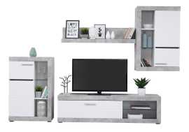 Obývacia stena jonah - biela/betón.

 

Televízny stolík sa skladá z výklopných dvierok a otvoreného priestoru s presklenou policou.

 

Stena je vyrobená z kvalitného lamina hrúbky 16mm, ktoré poteší nenáročnou údržbou a odolnosťou proti poškodeniu a vlhkosti.

 

Obývaciu stenu Jonah v inom farebnom prevedení nájdete nižšie v súvisiacich produktoch.