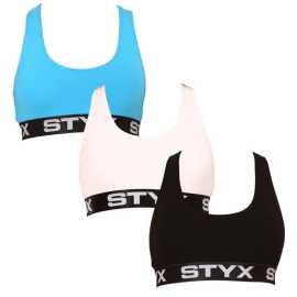 3PACK sieviešu krūšturis Styx sport multicolour (3IP09019) M.
Vai meklējat krūšturi, kas nodrošina maksimālu komfortu ikdienas valkāšanai un vieglām sporta aktivitātēm?
Premium klases materiāls komfortam bez kompromisiem
Šis krūšturis ir izgatavots no kokvilnas, modāla un elastāna maisījuma, kas tam piešķir unikālas īpašības.
Krūšturis ir sertificēts atbilstoši Oeko-Tex® Standard 100 standartam, kas nozīmē, ka tas nesatur kaitīgas vielas un ir drošs jutīgai ādai.
Funkcionāls un stilīgs dizains ikdienai
Styx sporta krūšturītim nav karkasa vai papildu pastiprinājumu, kas nodrošina dabisku komfortu bez diskomforta.
Kāpēc Styx sporta krūšturis noteikti nedrīkst iztrūkt no jūsu garderobes

Optimāls atbalsts sportošanas laikā: Tas ir paredzēts aktīvām sievietēm un sniedz nepieciešamo atbalstu fizisko aktivitāšu laikā, nodrošinot komfortu un drošību.
Ērts un elpojošs materiāls: Izgatavots no kvalitatīviem materiāliem, kas ir ērti uz ķermeņa un ļauj ādai elpot, samazinot svīšanu un kairinājumu.
Stilīgs un daudzpusīgs dizains: Vienkāršais dizains un modernais piegriezums ļauj nēsāt krūšturi ne tikai sportošanas laikā, bet arī kā ikdienas apģērba sastāvdaļu.

Styx apakšveļa ir viena no populārākajām
Čehijas zīmols Styx pircējiem ir pazīstams galvenokārt ar saviem šortiem ar novatoriskiem rakstiem un košām krāsām.
Kā kopt savu Styx krūšturi?
Lai nodrošinātu, ka jūsu iecienītākais krūšturis kalpo ilgu laiku, iesakām ievērot šos padomus.

Veļas mazgātava: Ieteicams lietot 30 °C temperatūrā, lai saglabātu materiāla mīkstumu un elastību.
Žāvēšana: Nav piemērots žāvētājam, vislabāk ir ļaut krūšturītim brīvi izžūt gaisā.
Gludināšana: Jūs varat gludināt uz lēnas uguns, vēlams iekšpusē uz āru.

Padoms: Jūsu iecienītākā apakšveļa ir pelnījusi saudzīgu attieksmi.
