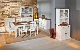 Veľká jedáleň z masívu carson - biela/hnedá.

 

Jedálenský stôl je stredobodom každého domova, a tak ho treba vyberať s rozvahou.

 

Čo by to bolo za jedáleň bez správnych stoličiek.

 

Minimalistická komoda je vybavená 2 priestrannými zásuvkami.

 

Široká komoda je opatrená 3 priestrannými zásuvkami.

 

Kredence využijete ako na riad, tak hrnce či príbory a iné potreby na varenie.

 

Veľká jedáleň sa skladá z týchto prvkov:


	Jedálenský stôl Carson - 160x75x90cm (š, v, h)
	6x jedálenská stolička Carson - 42x95x47cm (š, v, h)
	Kombinovaná komoda Carson - 90x86x45cm (š, v, h)
	Široká kombinovaná komoda Carson - 131x86x45cm (š, v, h)
	Kredenc Carson - 90x190x45cm (š, v, h)
	Široký kredenc I Carson - 131x190x45cm (š, v, h)


 

Všetky produkty z kolekcie Carson nájdete nižšie v súvisiacich produktoch.