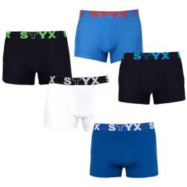 5PACK Boxers pour hommes Styx sports élastique surdimensionné multicolore (5R9612817) 3XL.
Profitez d'un confort qui dure toute la journée avec le caleçon Styx pour homme dans un coloris classique.
Matériau de qualité pour un confort maximal
Ce boxer est fabriqué à partir d'un mélange de coton et de fibres synthétiques de première qualité.
Conception pratique et précision tchèque
Les boxers Styx ont des jambes plus courtes qui ne roulent nulle part et vous donnent une liberté de mouvement maximale.
Pourquoi choisir le boxer Styx

Qualité tchèque : Conçu et fabriqué en République tchèque, ce qui garantit une qualité de fabrication optimale.
Matériaux de première qualité : Combinaison de coton, de modal et d'élasthanne pour un maximum de confort.
Conception universelle : Des jambes plus courtes et un élastique sportif élégant pour toutes les occasions.

Les sous-vêtements Styx sont l'un des plus populaires.
La marque tchèque Styx est surtout connue des consommateurs pour ses shorts aux motifs originaux et aux couleurs vives.
Comment entretenir correctement mon boxer Styx ?

Blanchisserie : Laver à 30°C avec un détergent doux pour conserver la douceur et le confort de la matière.
Séchage : Il n'est pas recommandé de les sécher au sèche-linge, mais à l'air libre afin de préserver leur forme.
Repassage : Si nécessaire, repassez à basse température pour préserver la souplesse de la matière.

Conseil : Devenez un expert de l'entretien de la lingerie les conseils de notre article et donnez à vos pièces préférées le soin qu'elles méritent.