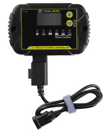 Goal zero menič k solárnemu panelu 20a charge controller.
 Funguje s olovenými, gélovými, Kalciovými, LiFePO4, AGM a LTO 12V batériami.
 Príklad zapojenia: Solárny panel Boulder 200 Kufor --> 20A Charge Controller --> kábel SPADE to SAE --> adaptér SAE TO RING TERMINAL --> Váš akumulátor.
 Parametre: •rozmery: 15,5 x 9,91 x 2,6 cm •hmotnosť: 499 g •certifikát odolnosti: IP65 •prevádzková teplota: -25 až 50 °C 
 Elektrické parametre: •Menovitý prúd solárneho panelu Goal zero: 20 A •Normálne vstupné napätie poľa solárnych článkov: 15-22 V •Max.
 Nabíjacia charakteristika: 
 Počiatočné napätie pri 25 °C: 3-10 V Nabíjacie napätie pri 25 °C: •LTO akumulátor - 14,0 V • Gélový akumulátor - 14,1 V •LiFePO4 akumulátor - 14,4 V • AGM akumulátor - 14,4 V •Olovený akumulátor - 14,7 V •Kalciový akumulátor -14,9 V 
 Vyrovnávacie napätie pri 25 °C •olovený alebo kalciový akumulátor - 15,5 V 
 Plávajúce napätie pri 25 °C: •Gélový, AGM, olovený, kalciový akumulátor - 13,6 V •LTO a LiFePO4 - 13,4 V 
 Kompenzačný súčiniteľ teploty akumulátora: -24 mV/°C 
 Ochrana: •Proti prepólovaniu alebo skratovaniu.